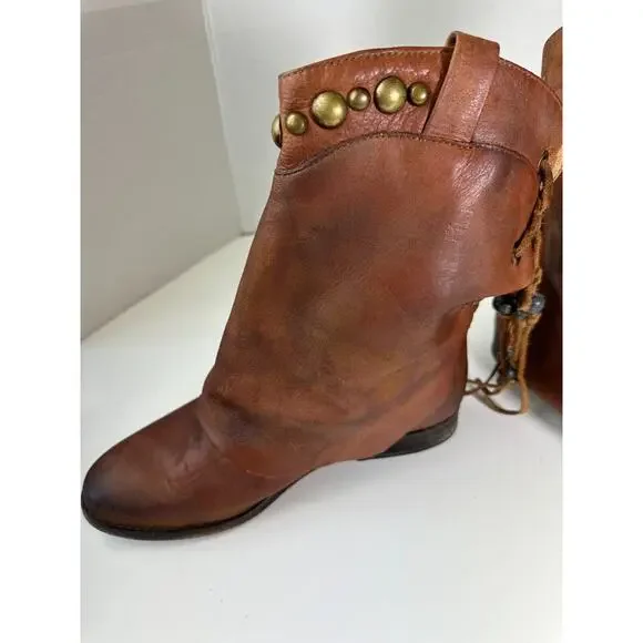 Free People Distressed Wayland Brown Leather Bead Stud Lace-Up Boho Bootie 37 6 - Picture 10 of 16